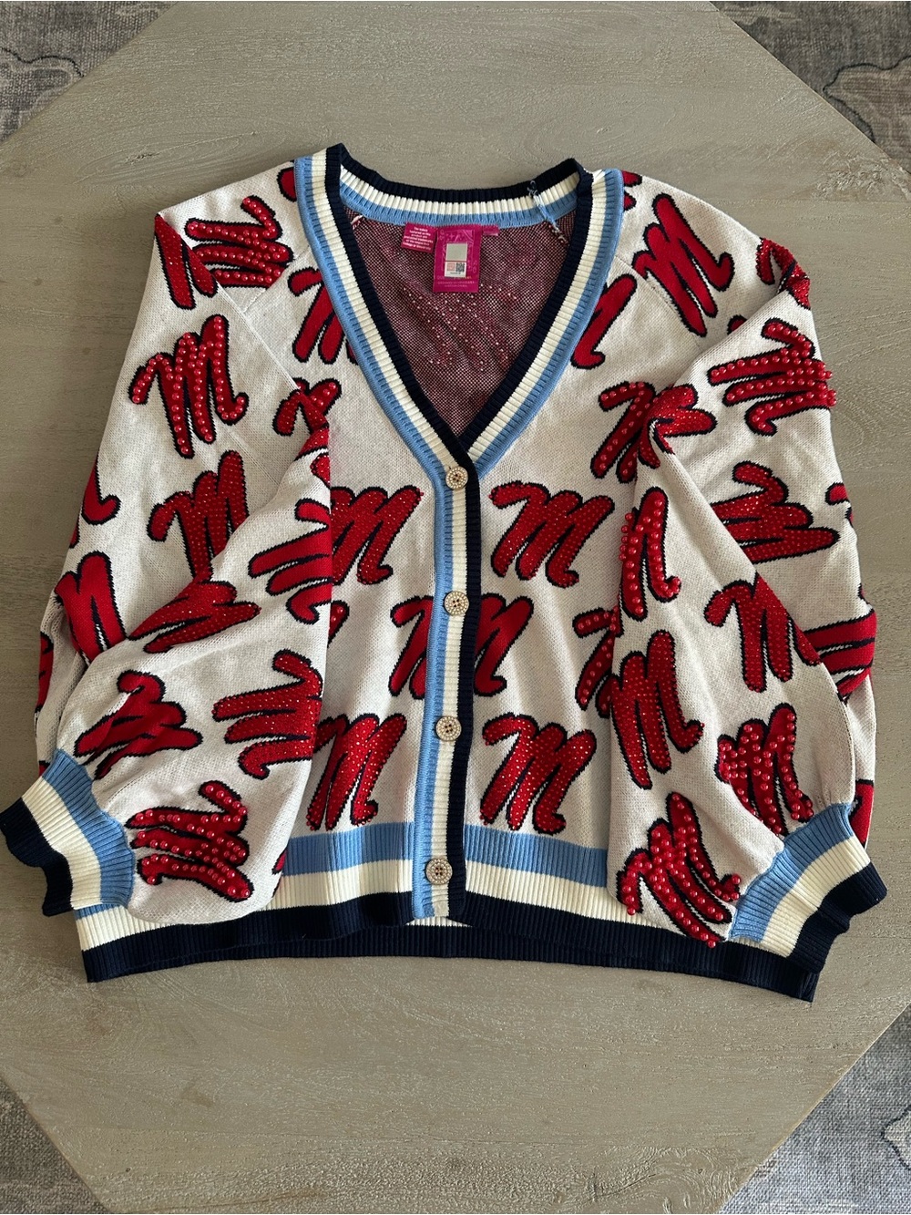 Queen of Sparkles Licensed Ole Miss Knit In Mascot Rhinestone Cardigan